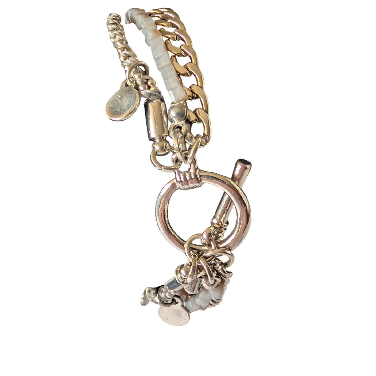 Multi-Strand Layered Silver Tone Bracelet With Round Charms Toggle Clasp