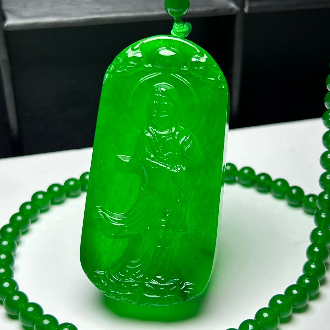 Certified Natural Ice Green jade Jadeite Carved Guanyin Pendant&Necklaces 站观音