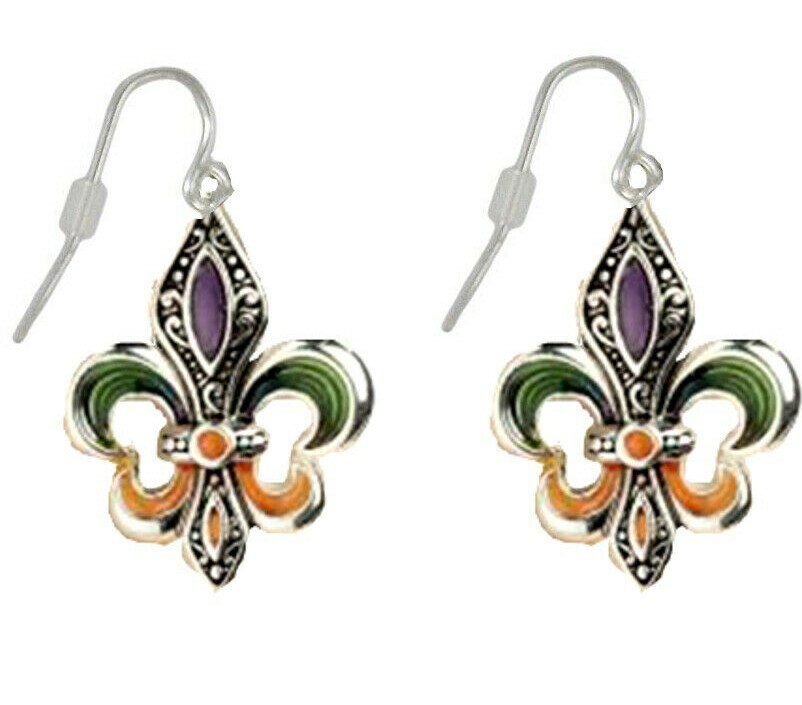 Fleur De Lis Earrings Dangle Silver Tone with a Gift Box Fast Shipping
