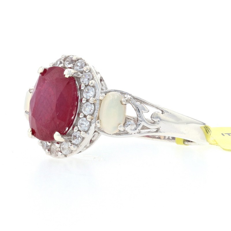 Silver Lead Glass Filled Ruby, Opalite & Zircon Halo Ring 925 Oval Cut 2.80ctw