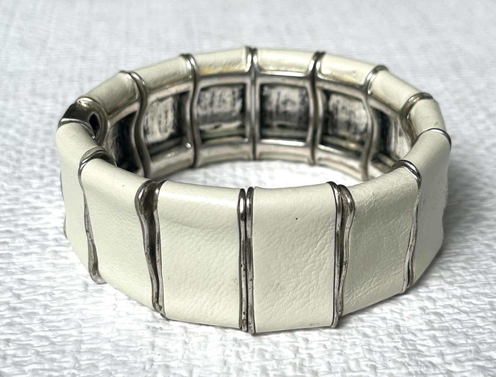 Link Cuff Bracelet Scandinavian White Leather Wrapped Links, Stretch bud to rose