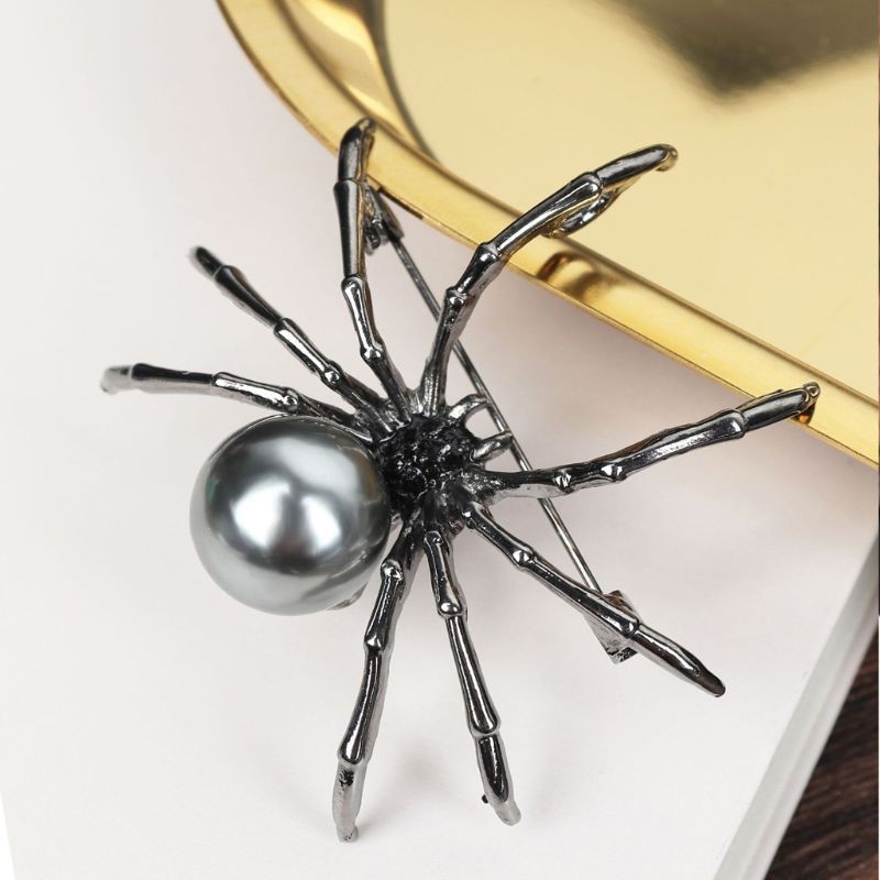 Vintage Black Rhinestone Spider Brooch Pearl Pin Insect Bug Jewelry Summer Gift