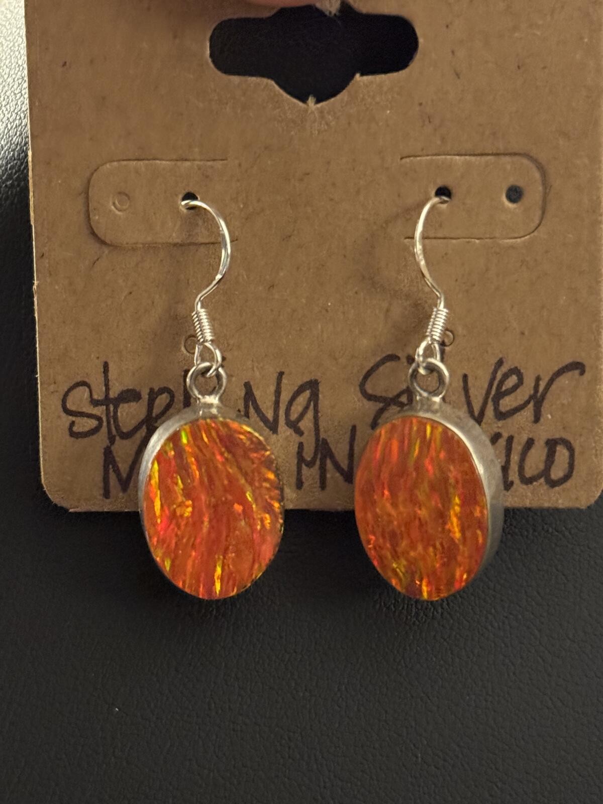 Vintage Mexico 925 Sterling Silver Orange Fire Aurora Opal Oval Dangle Earrings