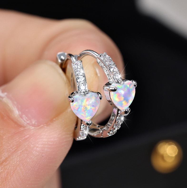 Women Girl 925 Silver Tone Heart Opal CZ Hoop Huggie Earrings 15mm Gift F31