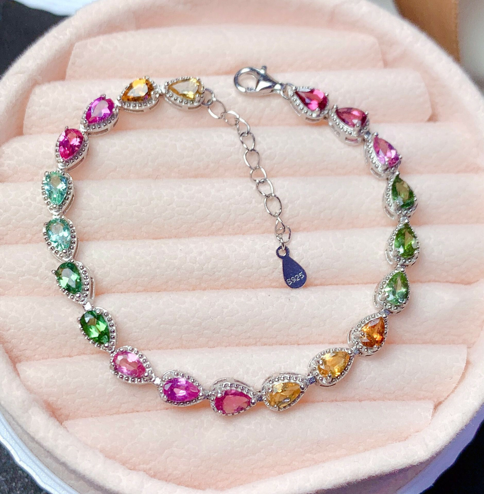 New Waterdrop Cut Mix Color Pink Green Gemestone Charm Women Bracelets 7.4 inch