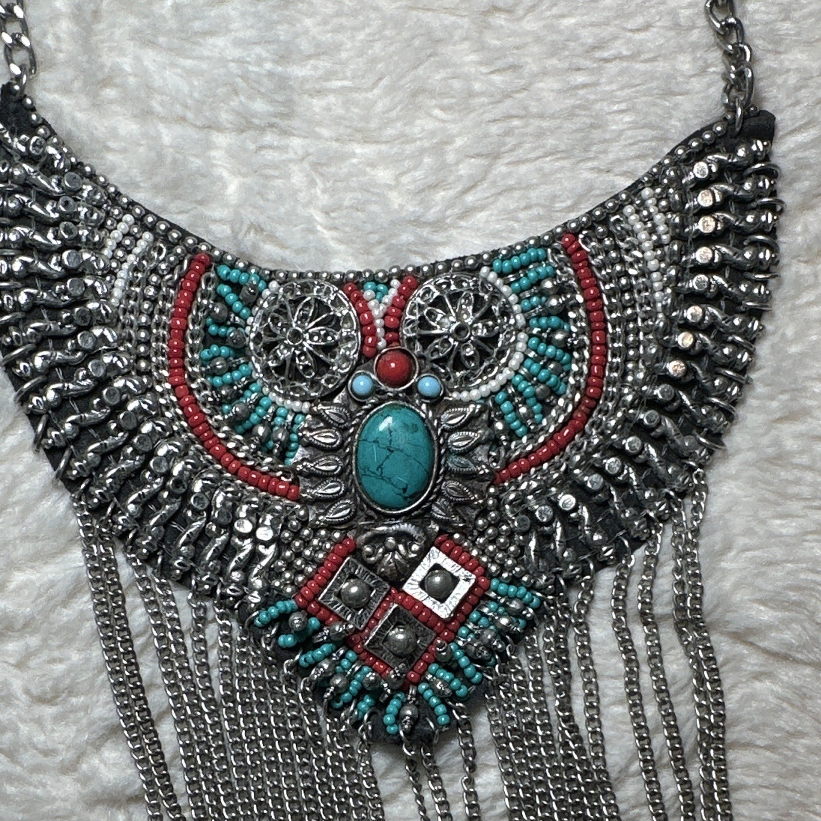 Silver Tone Boho Statement Bib Collar Necklace Turquoise Oval Bezel Fringe