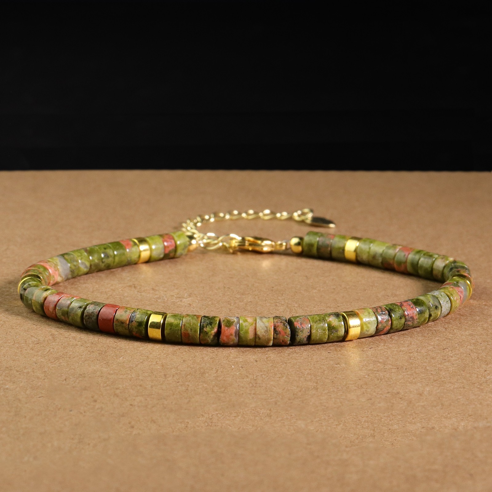 Unakite Bracelet Green Tube Beaded Adjustable Gold-Plated Chain Women Jewelry