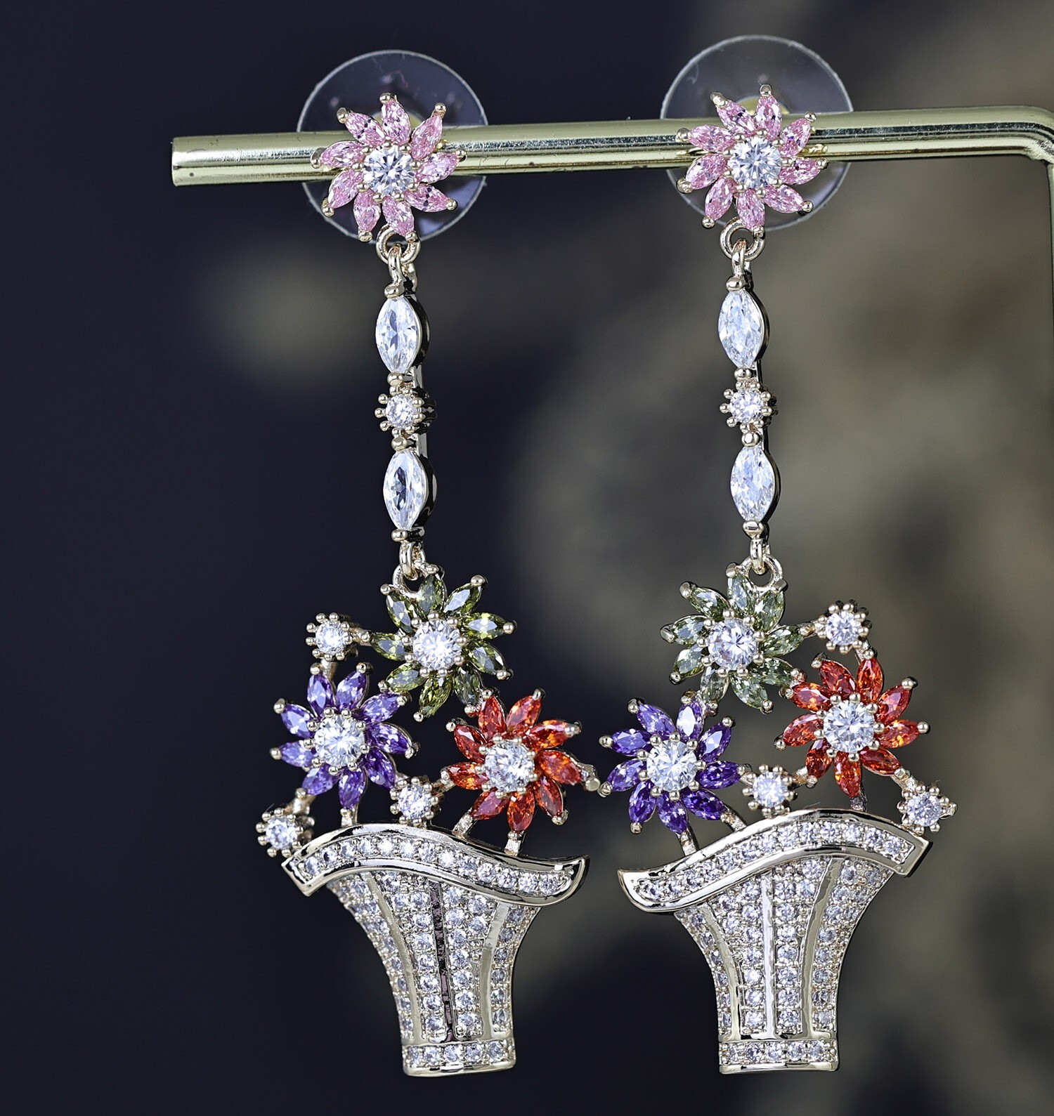 Flower Basket Multi-color CZ Cubic Zirconia Dangle Chandelier Stud Earrings N117