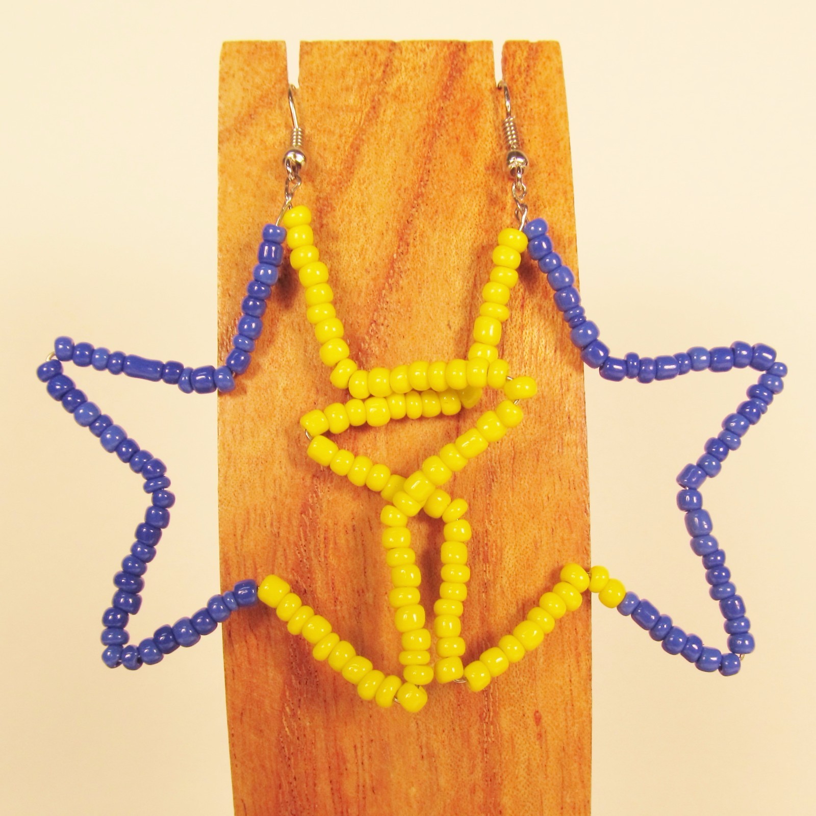 2″ Blue Yellow Star Shape Handmade Seed Bead Hook Dangle Hoop Earrings