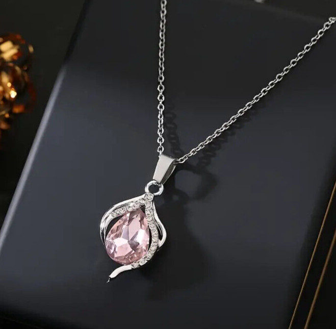 New Artificial Gemstone Inlaid Pink Drop Pendant Necklace Jewelry Gift