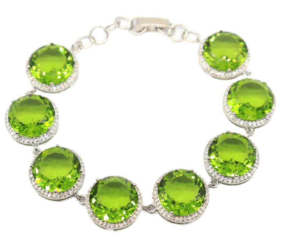 15x15mm Big Gemstone Round 22g Green Peridot CZ Women Gift Silver Bracelet 6-7″