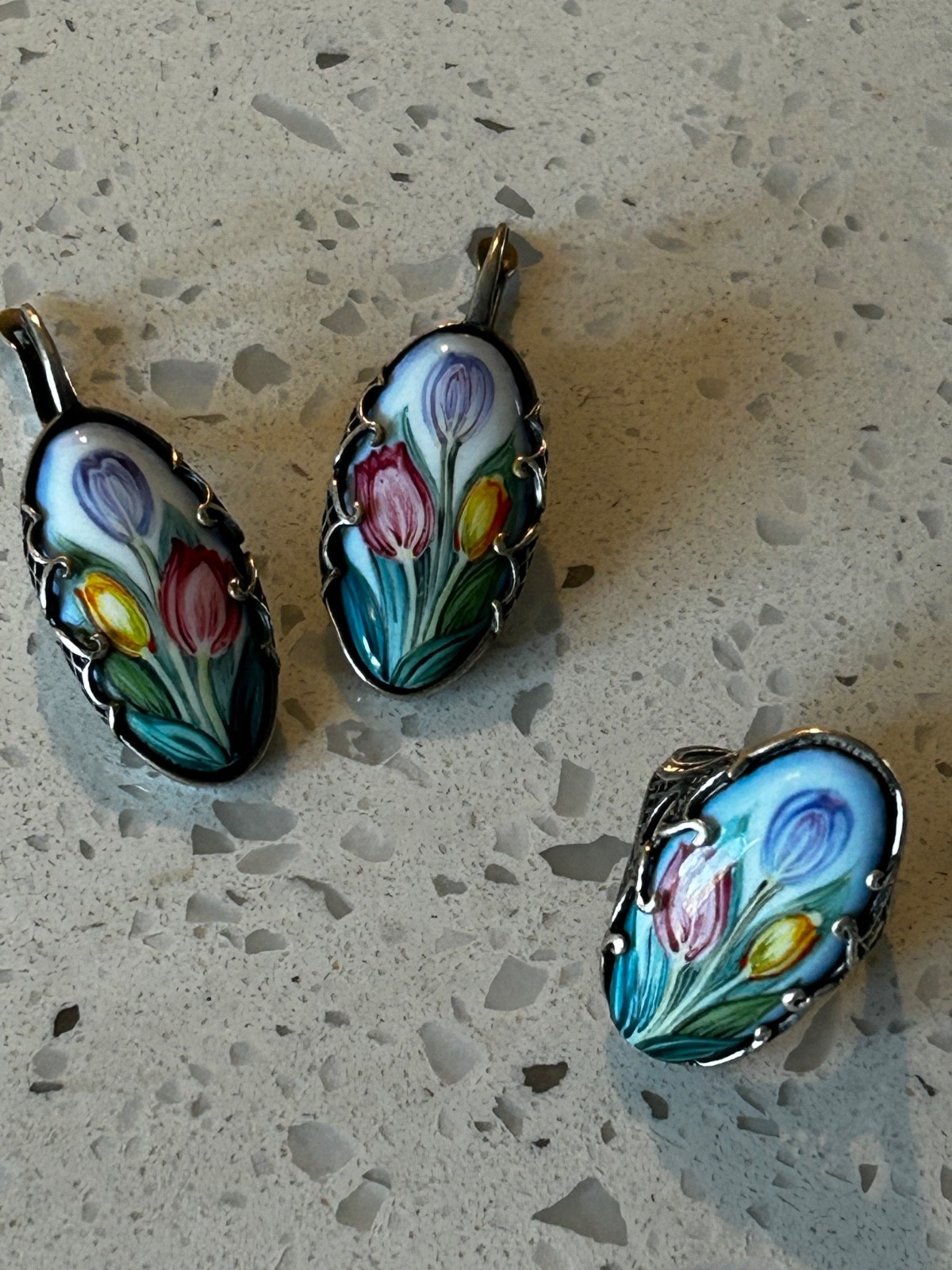 Tulip flowers earrings ring size 7 set Russian Finift hand painted jewelry