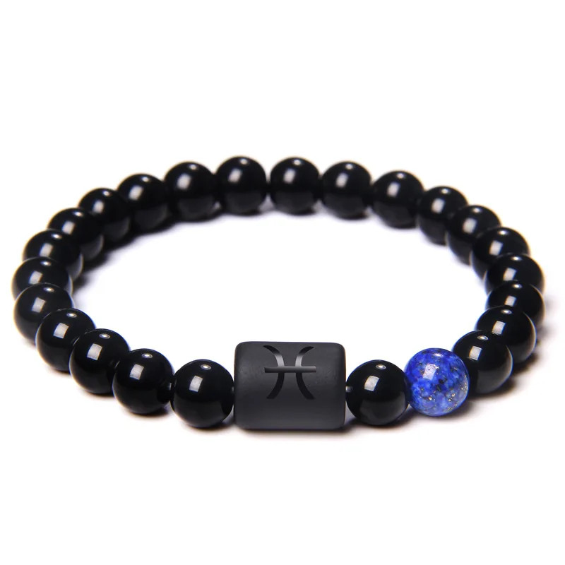 12 Constellation Zodiac Beads Couples Bracelet Natural Black Onyx Elastic Charm