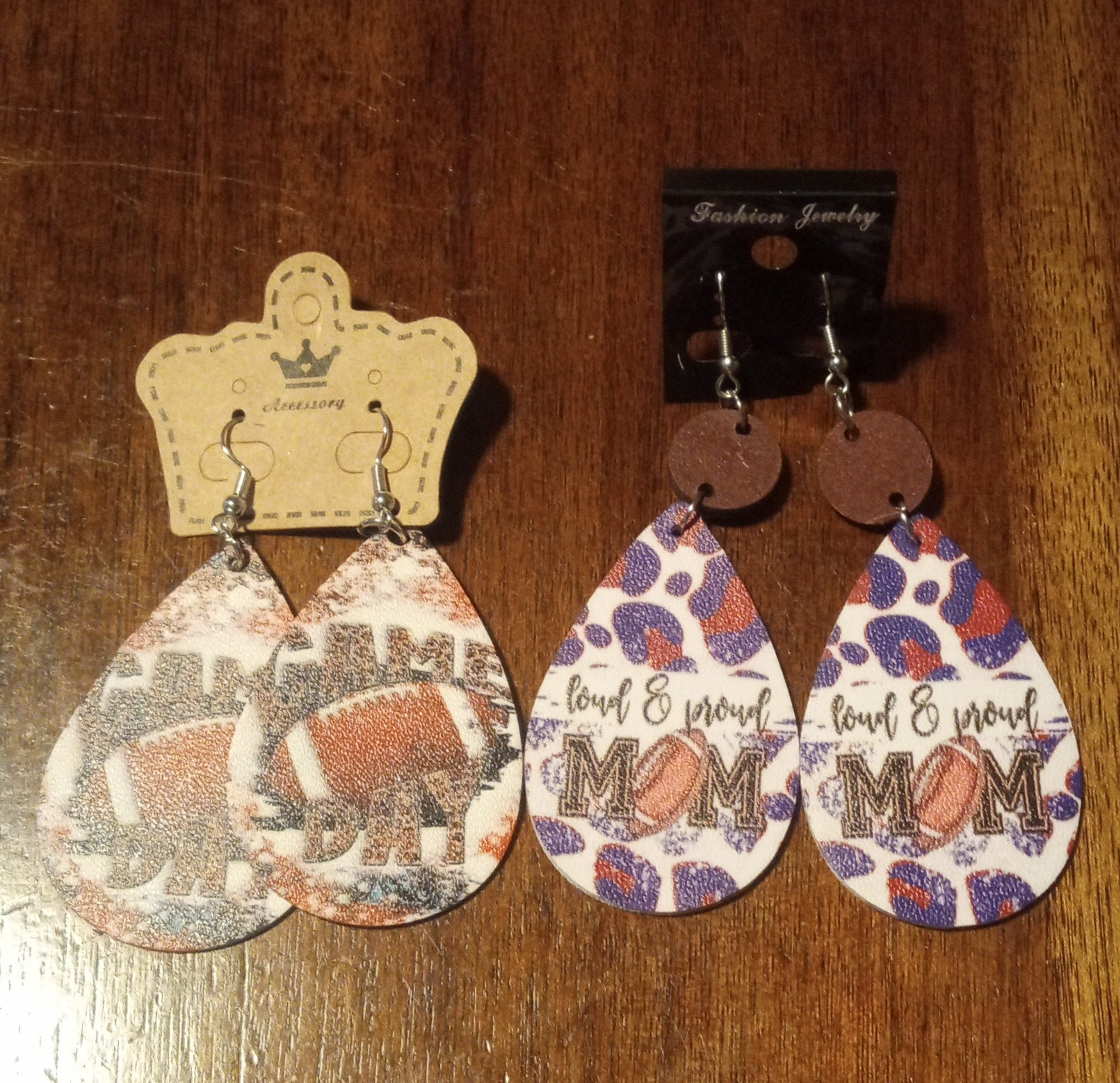 Multicolor Faux Leather Teardrop Football Mom Dangle/Drop Hook Earrings, 2 Pair