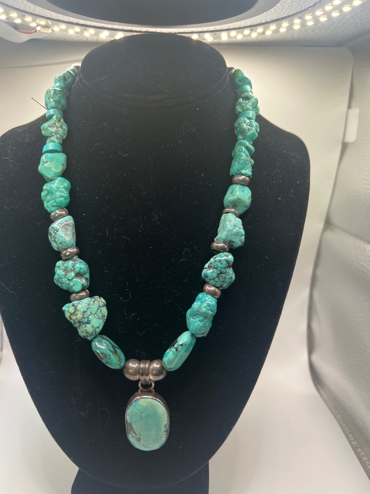 Dyed Turquoise? & Silver Beaded Necklace With Large Oval Pendant