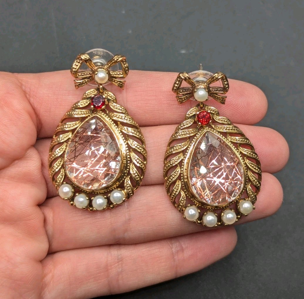 Nicky Butler NB Gold Tone Quartz Pearl Garnet Bow Drop Dangle Earrings 925 Posts