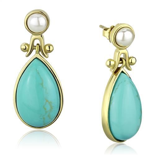 Gold Plated Stainless Steel Imitation Pearl and Imitation Turquoise Dangle Ea…