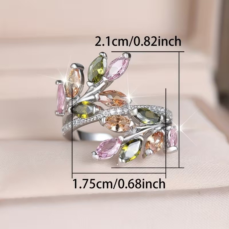925 Sterling Silver Rainbow Rhinestone Leaves Engagement Ring One Size Fit All