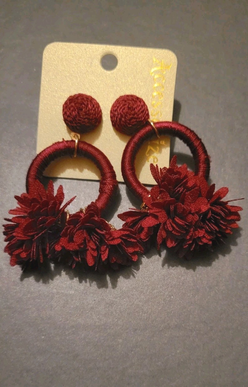 Burgundy Red Fabric Flower Hoop Drop/Dangle Earrings, Stud Back Accesorize NEW