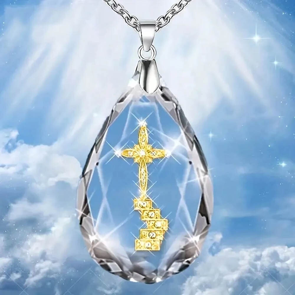 Crystal Cross Pendant Necklace – 18″ Link Chain, Clear Crystal & Gold Zinc Alloy
