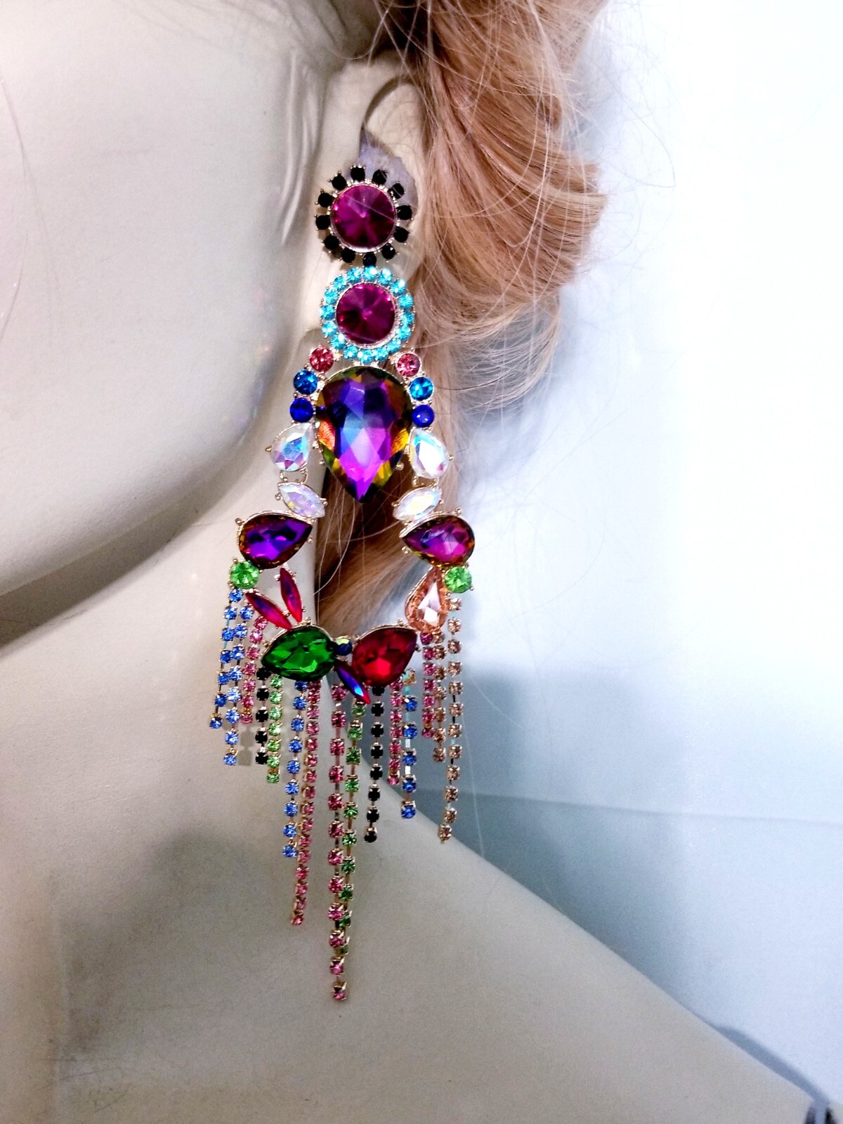 Chandelier Rhinestone Crystal Pageant Bridal Earrings Colorful Drop Dangle 6 In
