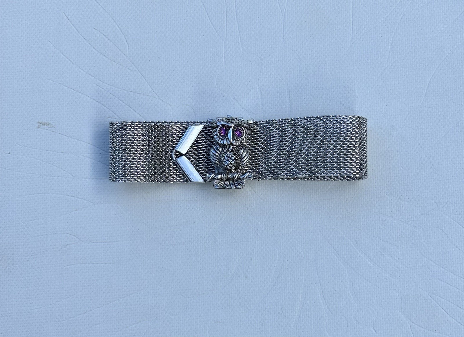 Sarah Coventry Signed Silver Mesh Slide Bracelet Owl Dangle Charm Purple Eyes