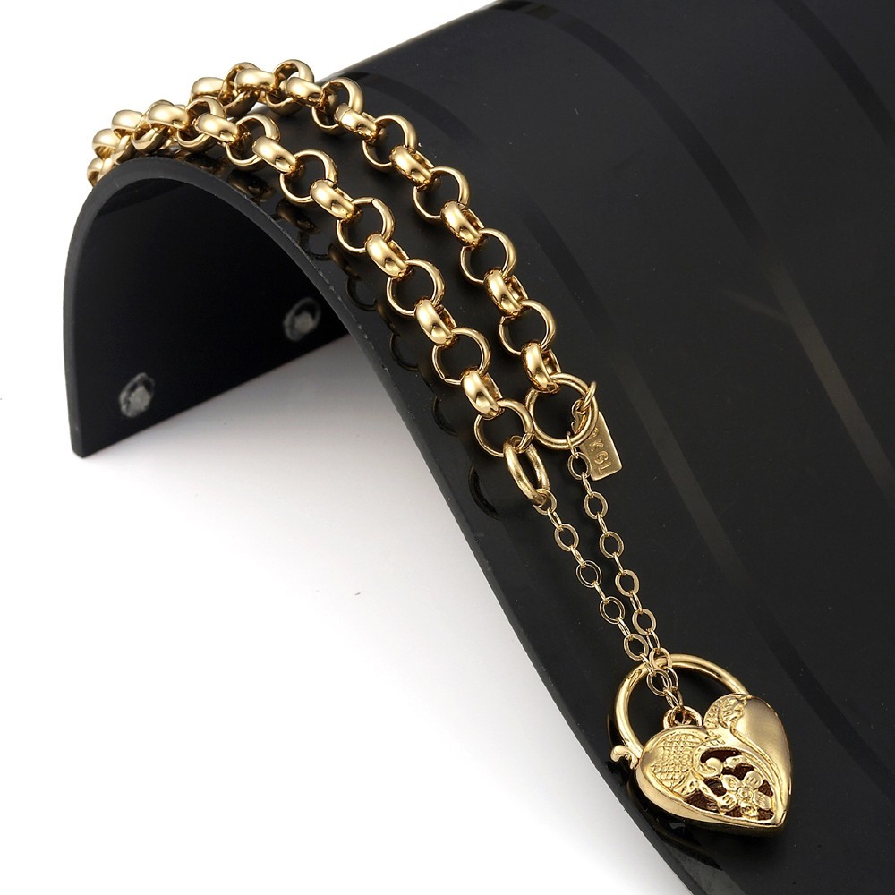 18K GL Solid Belcher Yellow Gold Bracelet & Half Filigree Heart Padlock