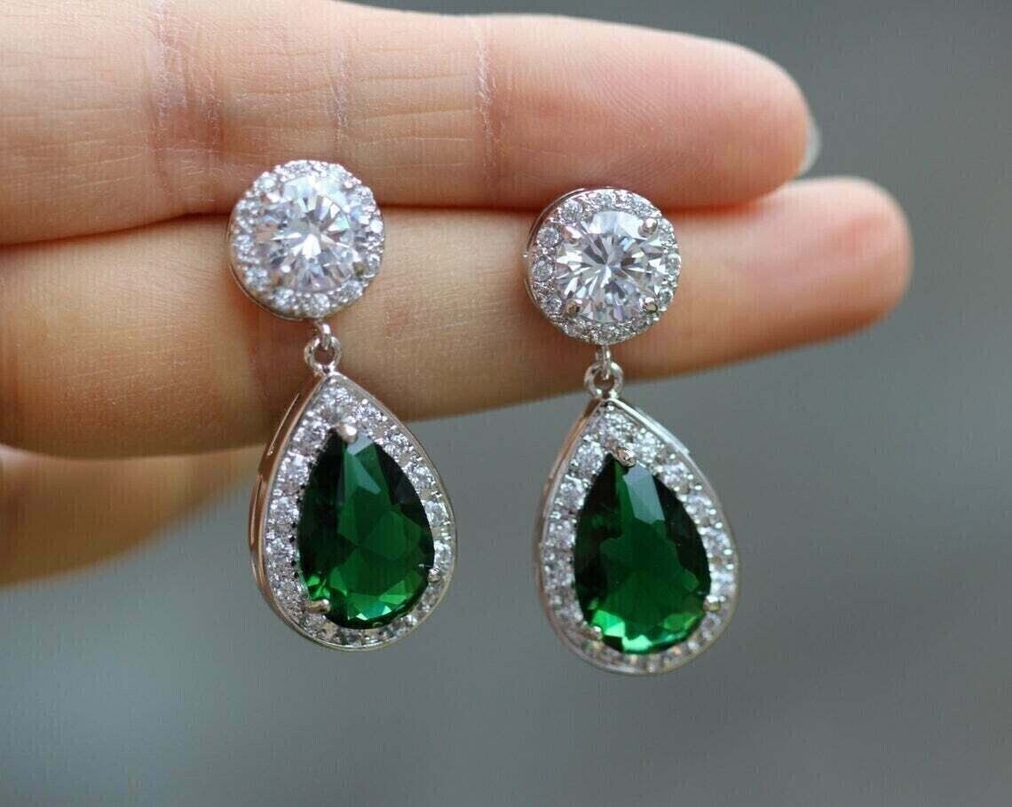 4.50Ct Pear Simulated Green Emerald Drop/Dangle Earrings 14K White Gold Plated