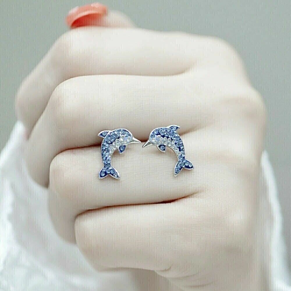 1.00 Ct Simulated Round Cut Sapphire Dolphin Stud Earring 14k White Gold Plated