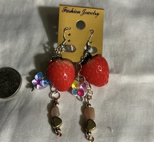 Resin Strawberry Earrings With Crystal Rose Quartz /Glass Charms