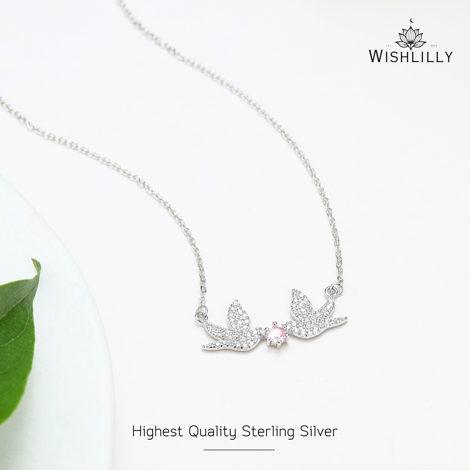 Silver Bird Charm Necklace by Wishlilly – Silver Crystal Dove Pave Crystal