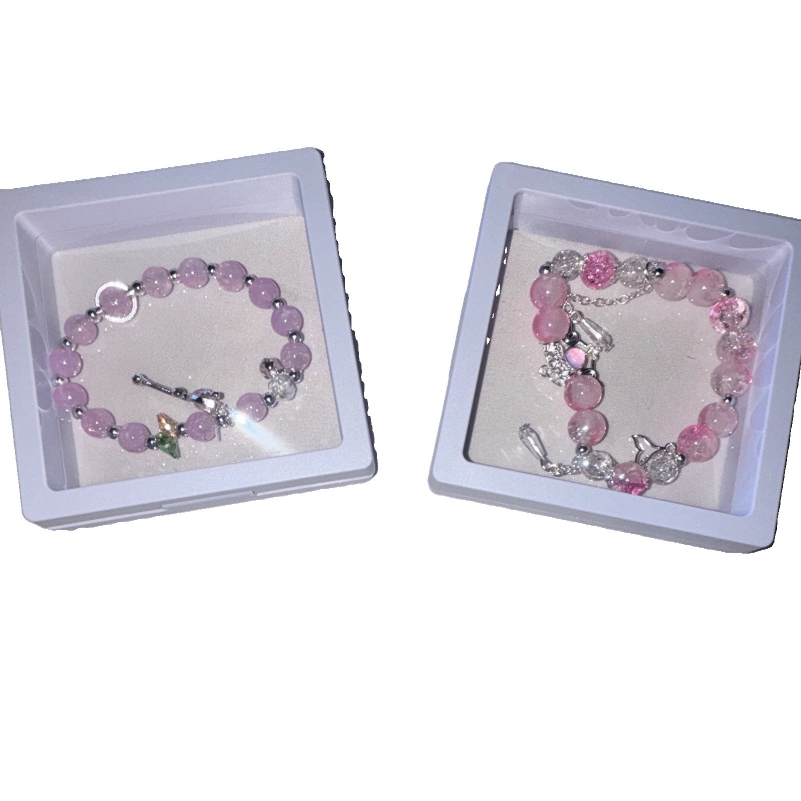 Lot of 2 Pink Purple Silver Beaded Dangle Charm Bracelets, Crystal, Lobster