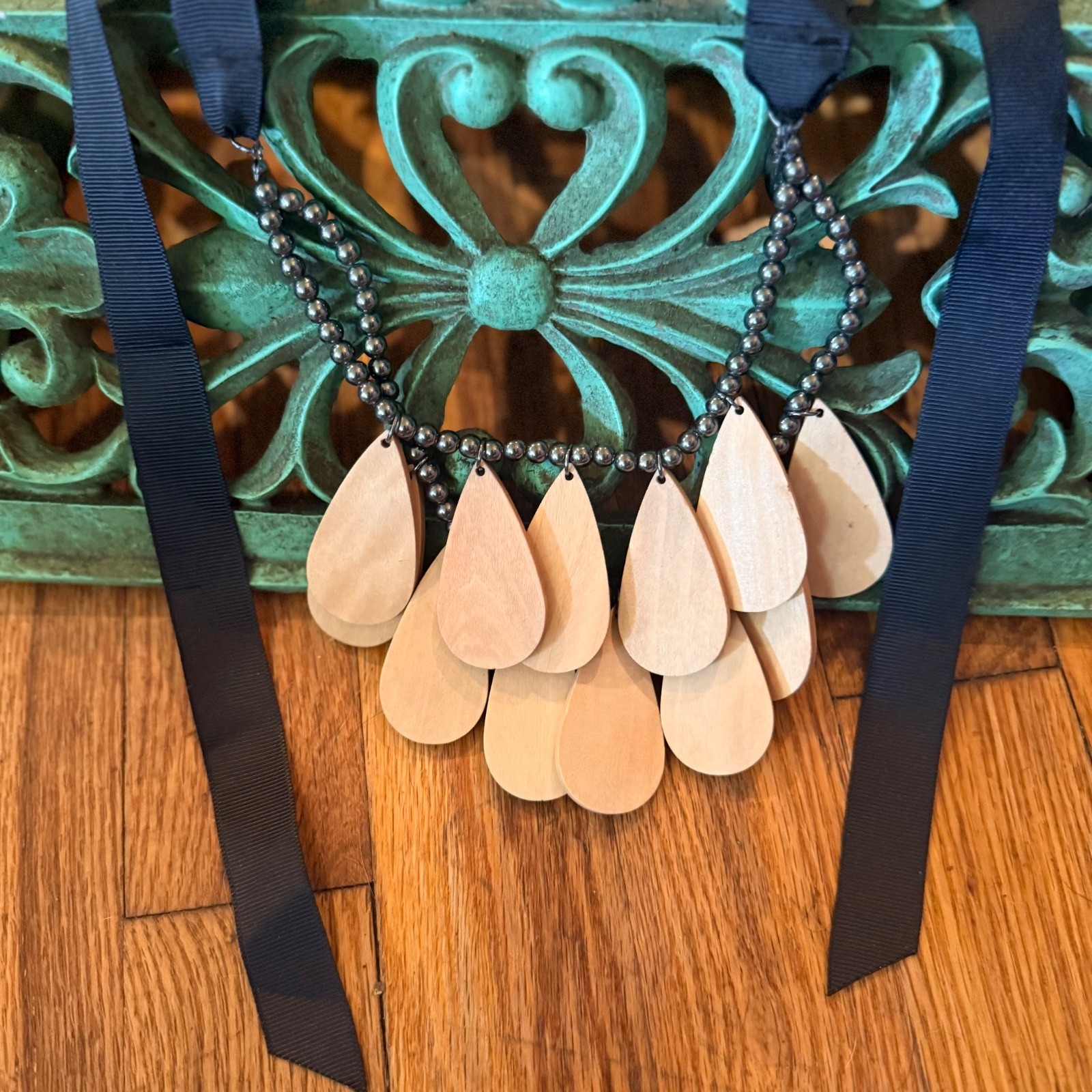 Plunder Wooden Teardrop Pendant Necklace with Black Ribbon Tie