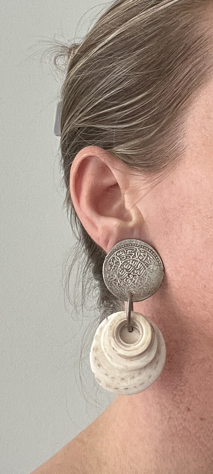Antique Arabic Coin Shell Clip-On Earrings