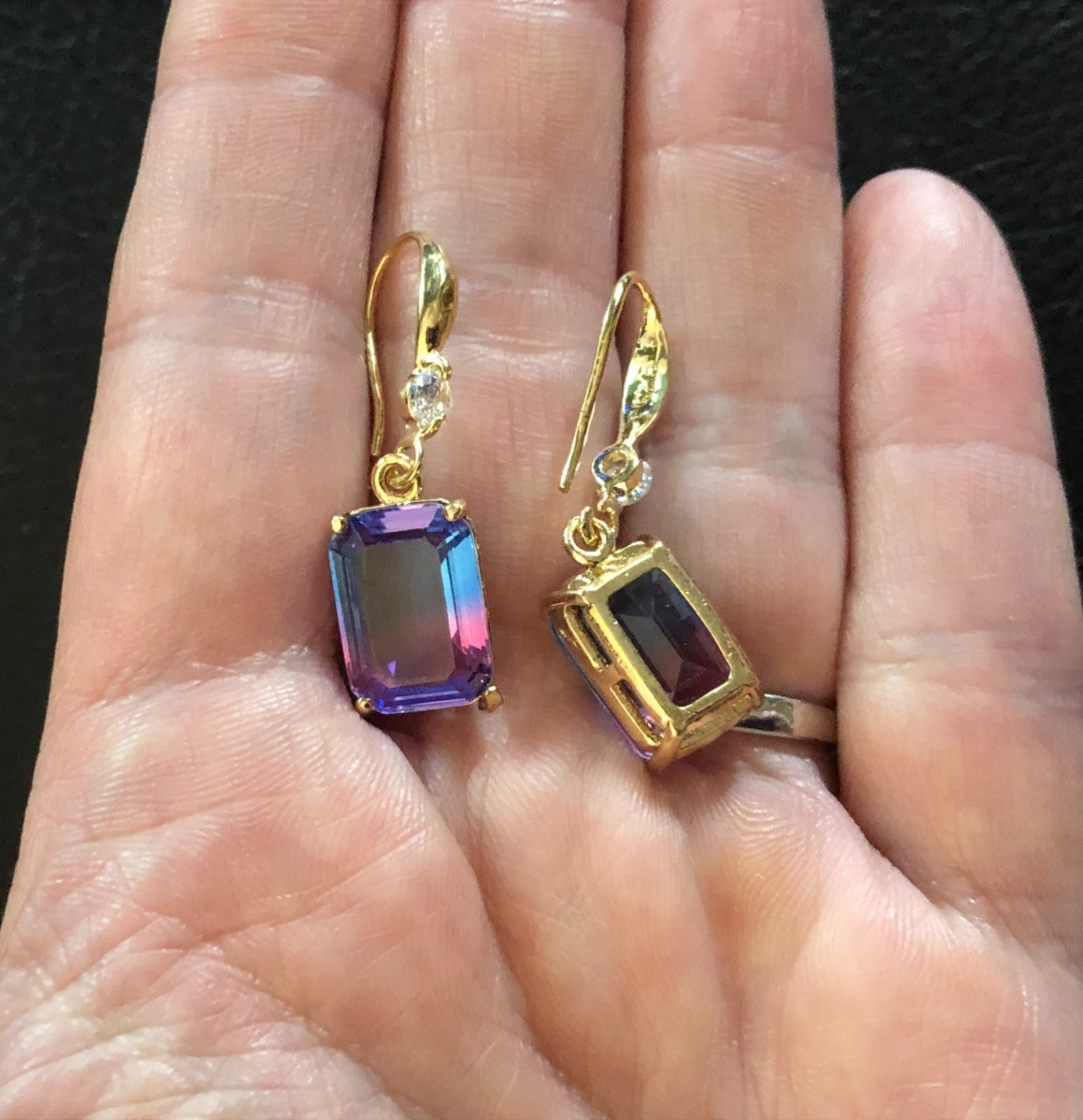 Gold Tone Simulated Bi-Color Fluorite Ombre & CZ Gemstone Earrings 1.25″ 1535