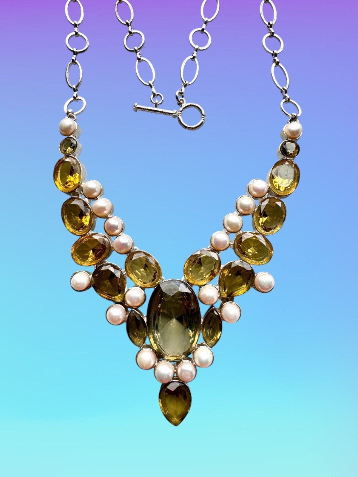 Unique Royal Yellow and Green Silver Plated Statement Necklace #7079