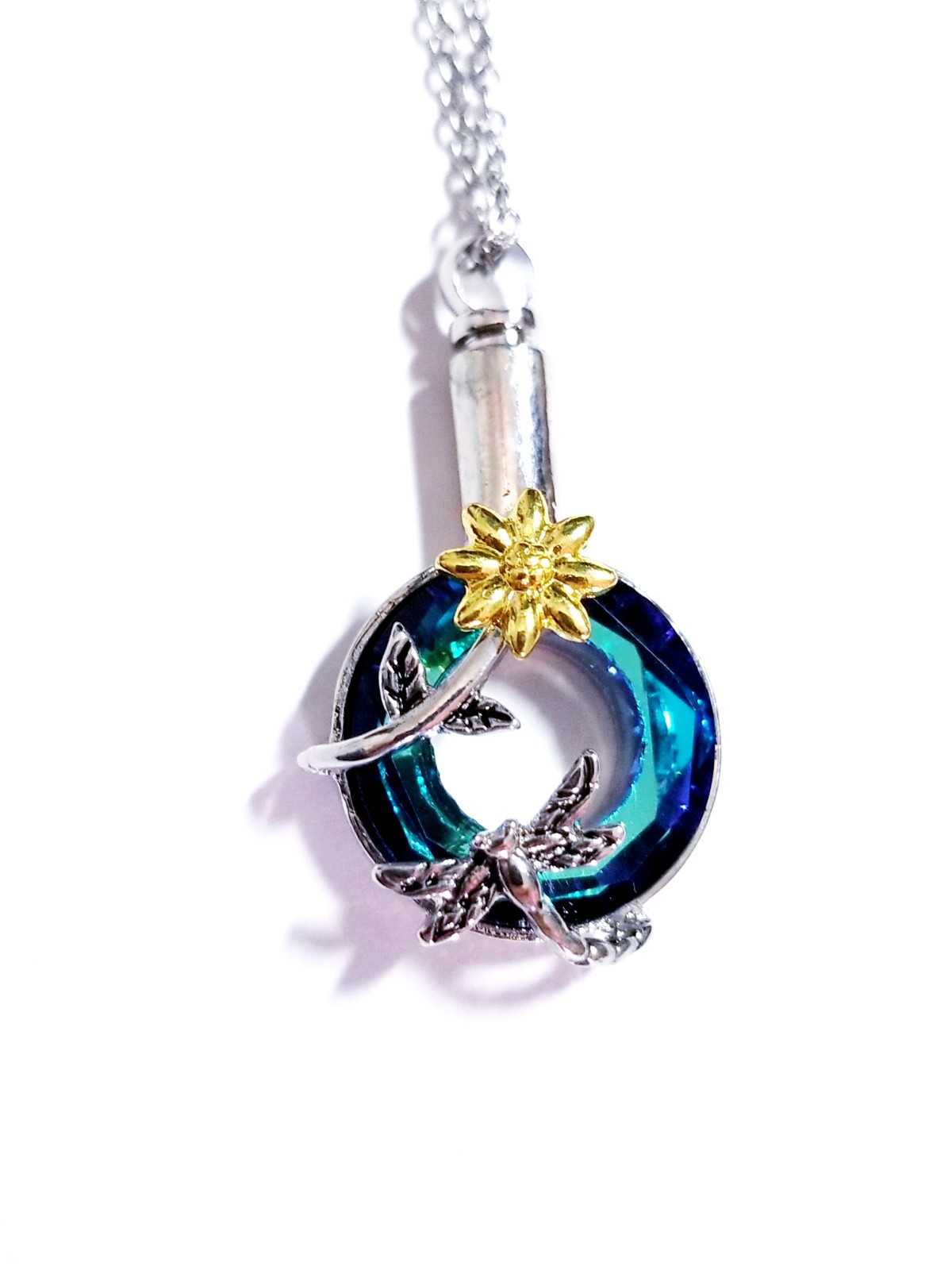 Silver Tone Urn Cremation Memorial Necklace Dragonfly Pendant for Ashes Blue