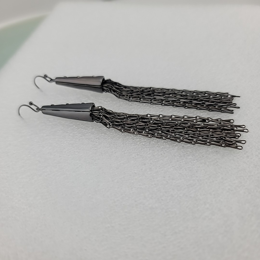 Gun Metal Grey Tassel Fringe Dangle Pierced Earrings