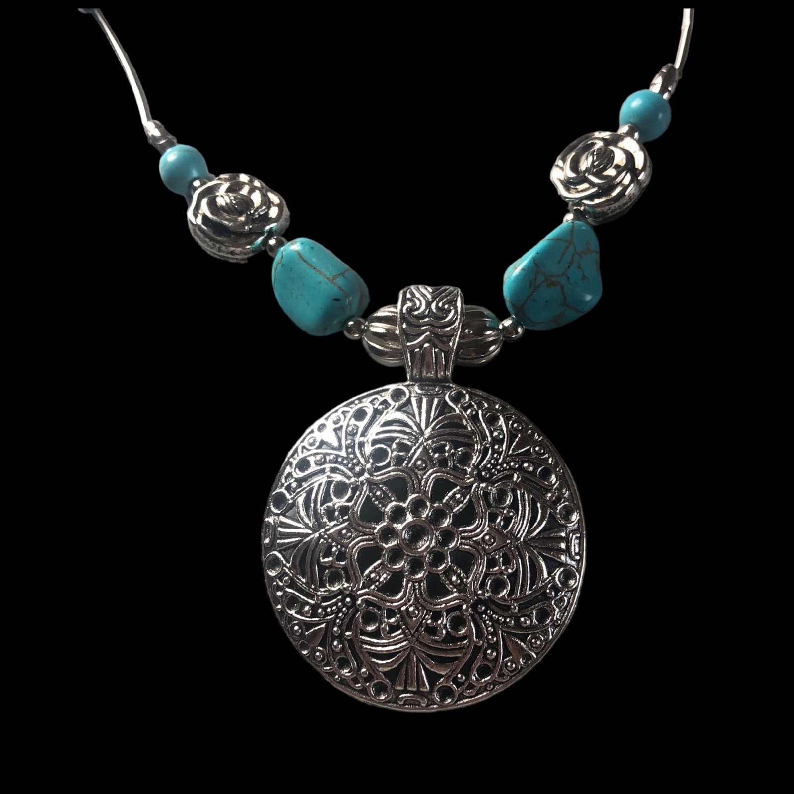 Vintage Style Boho 925 Silver Plated Turquoise Carved Alloy Medallion Pendant