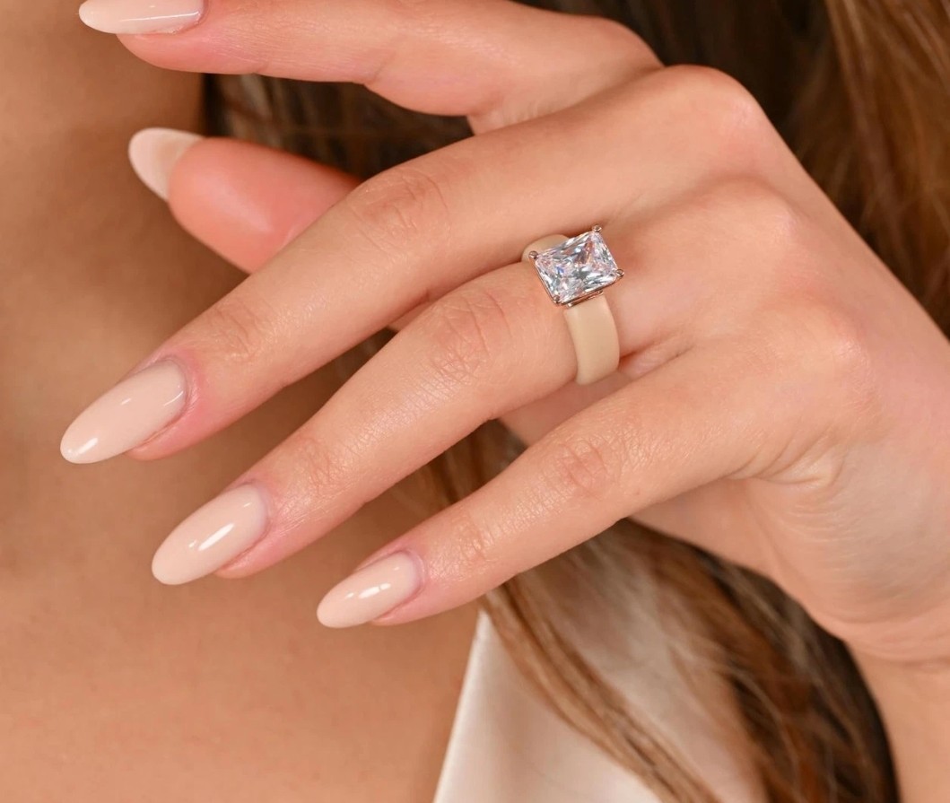 CZ Silicone Ring Size 8 Beige Square Princess Cut Simulated Diamond