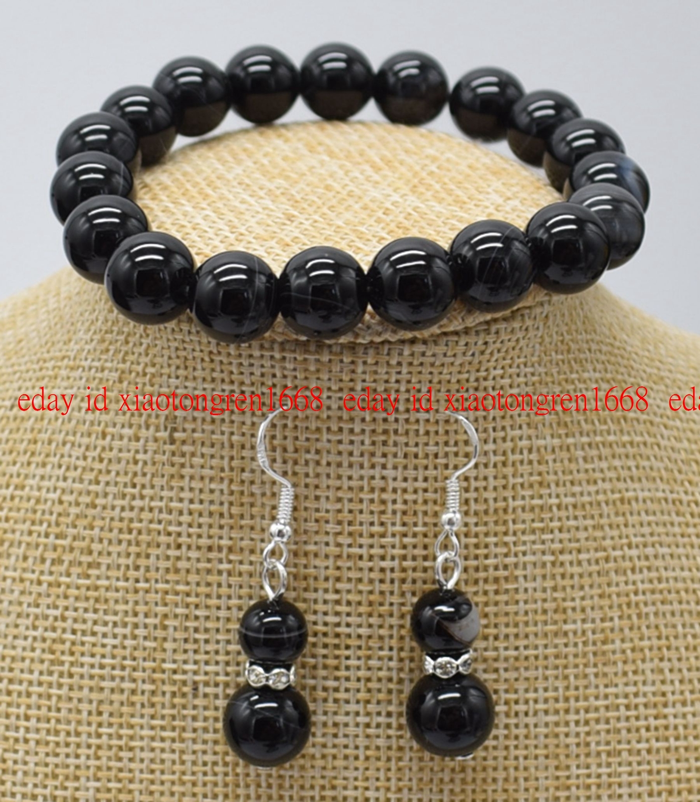 Fashion 10mm Black Striped Agate Gem Round Necklace 18-36″ Bracelet 7.5″ Earring