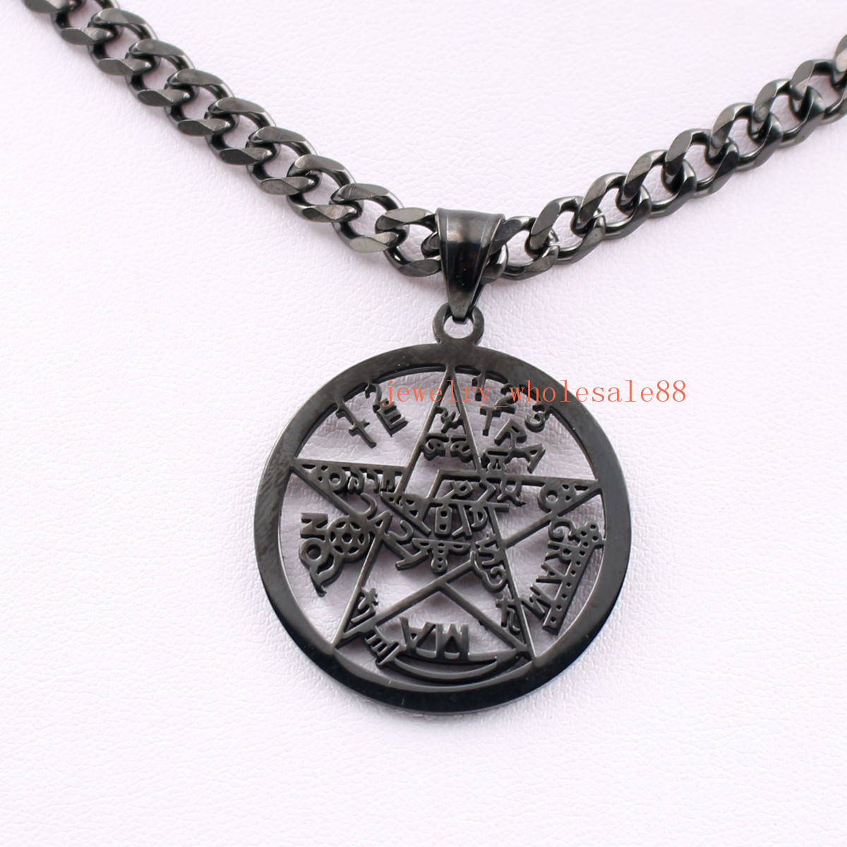 Religious Sanskrit Stainless Steel Wicca Pentagram Pendant 5mm curb Necklace men