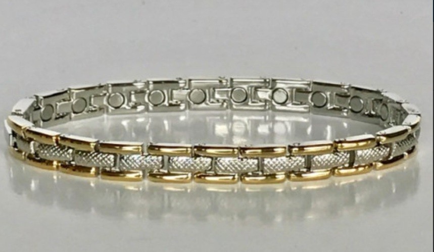 Magnetic Bracelet STAINLESS STEEL Silver n Middle Gold Plated Outside Size 7.5″
