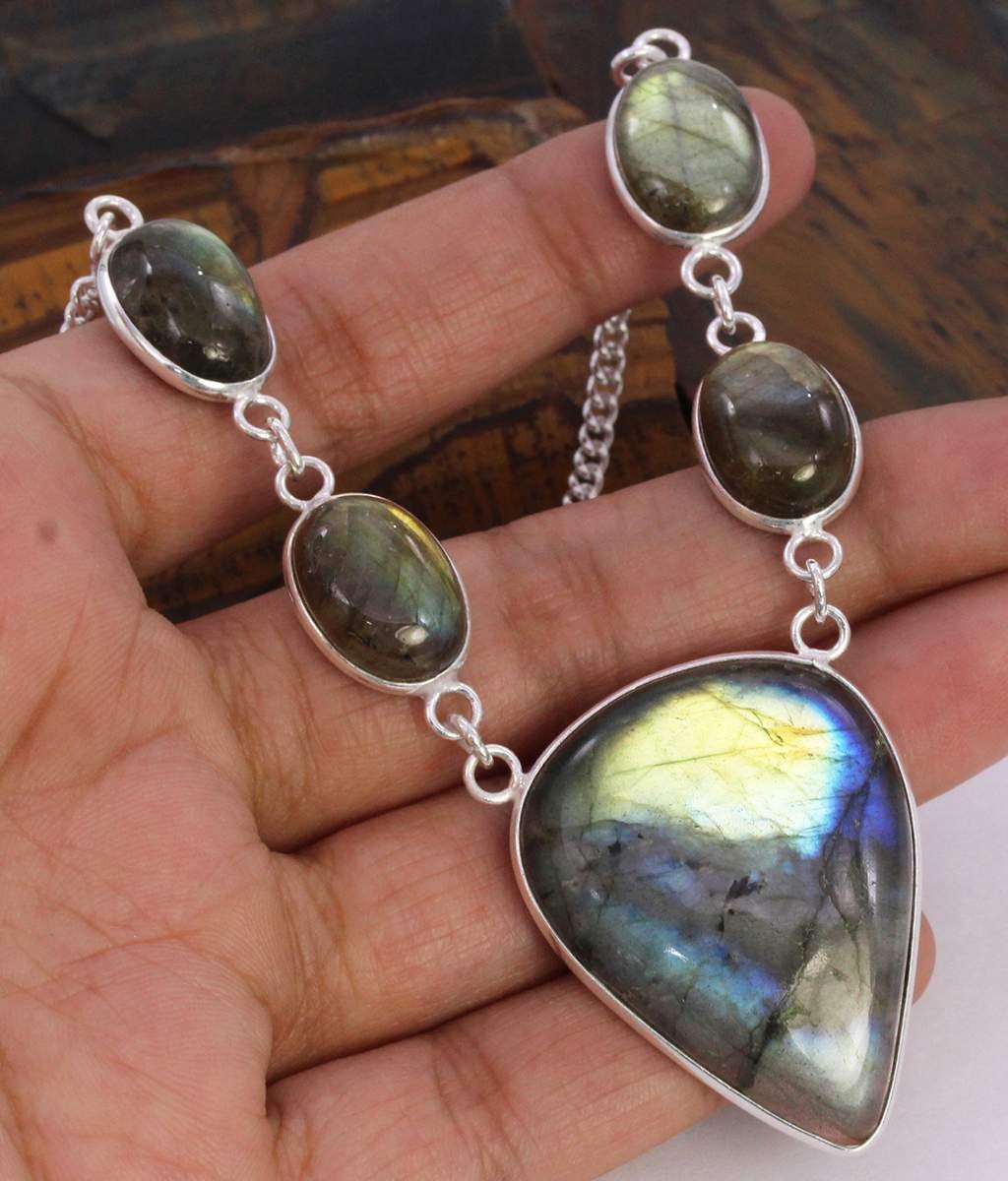 Firey Labradorite 925 Silver Plated Handmade Necklace of 18″