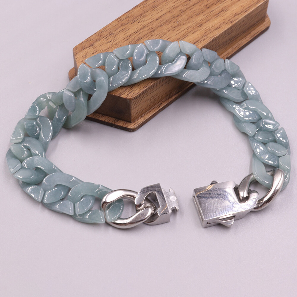 Real Grade A 100% Natural Blue Jade Jadeite Cuban Curb Link Bracelet 5.9-8.3inch