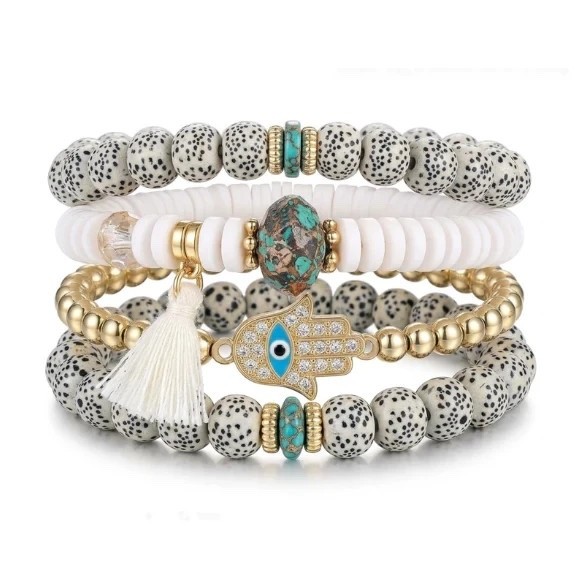 4-Piece Hamsa Hand & Evil Eye Bracelet Set Dalmatian Jasper Turquoise Gift