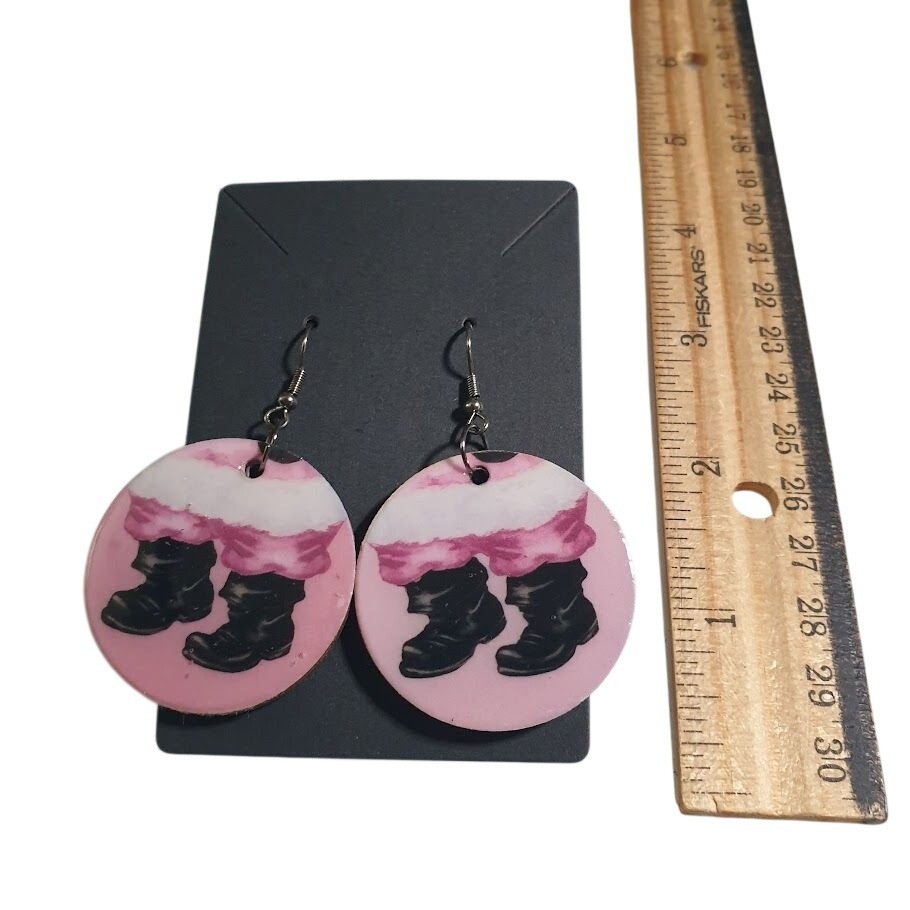 Santa Boots Pink Wooden Earrings Fun Lightweight Durable Handmade Holiday Gift