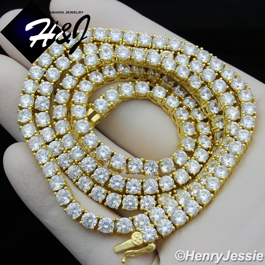 16″MEN WOMEN 14K GOLD PLATED ICY CZ 4MM GOLD 1 ROW TENNIS CHAIN NECKLACE*BGN2