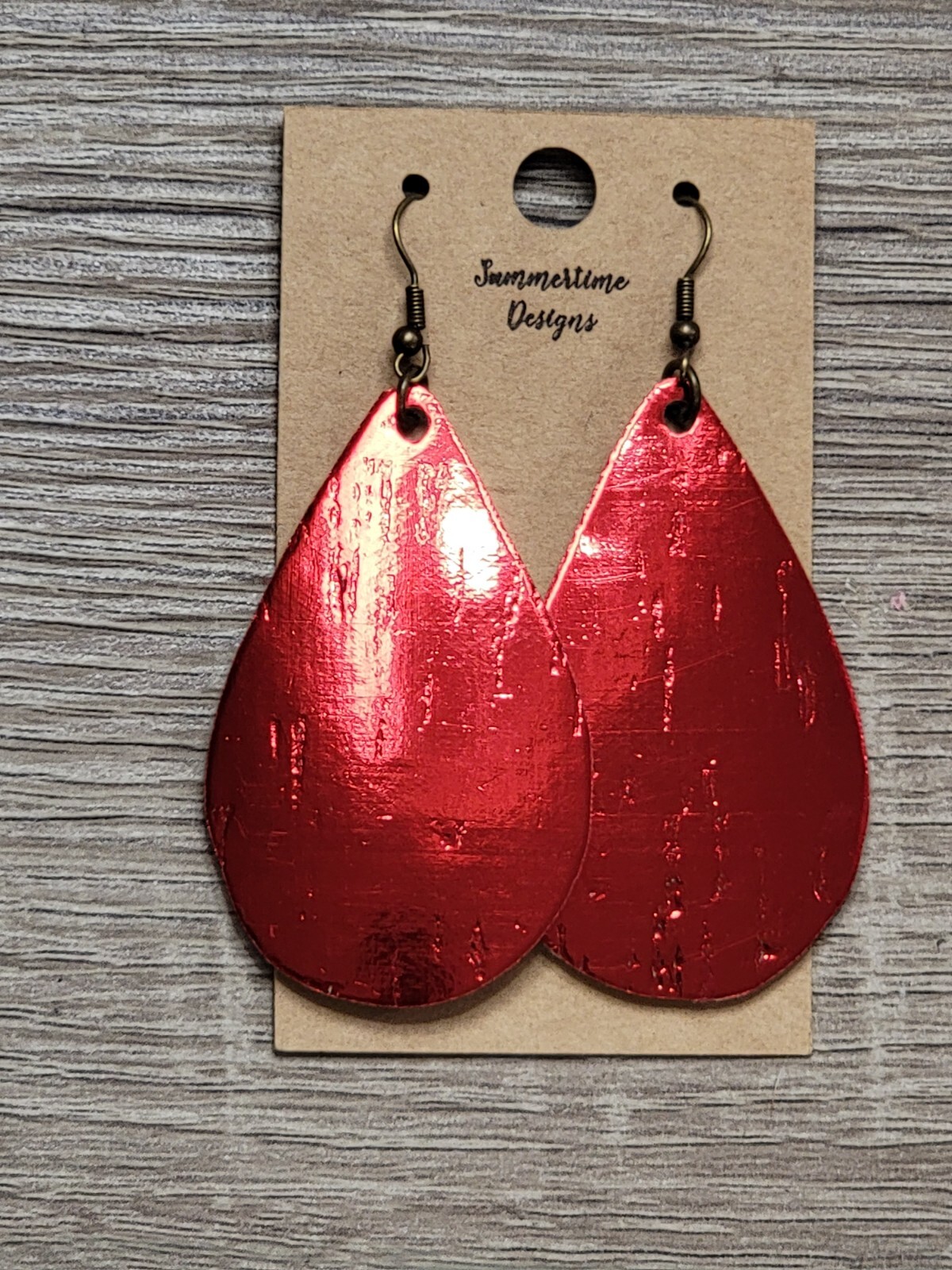 Handcut Teardrop Cork Earrings Metallic Red with Genuine Leather Backing 2.5″