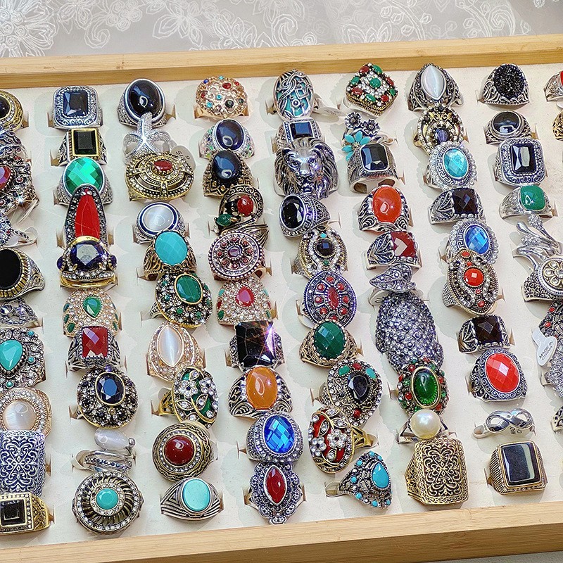 Wholesale 20pcs Retro Carved Stone Rings Mix Boho Ethnic Random Gift Resale Lot